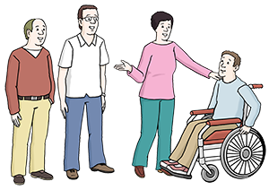 Ein Mensch mit Behinderung wird in eine Gruppe von Menschen ohne Behinderung integriert