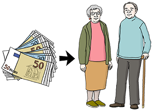 Ein Bündel Geldscheine mit einem Pfeil zu zwei älteren Menschen