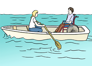 Zwei Menschen sitzen in einem kleinen Ruderboot